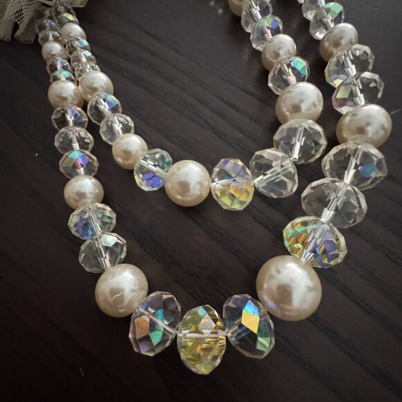 Statement Necklace White Faux Pearls and Clear AB Faceted Beads Tulle Flowers - Picture 4 of 9
